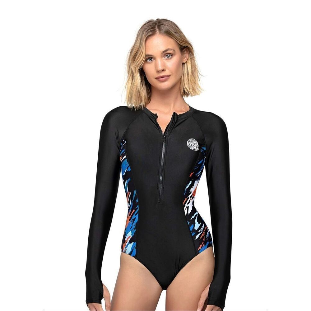 NEW AXESEA Long Sleeve Rash Guard Zipper Surfing One Piece Swimsuit size 8 Black